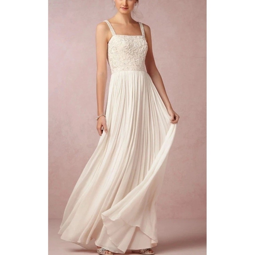 Ranna Gill Ivory Beaded Embellished Pleated Maxi Dress Size 10 Wedding Formal